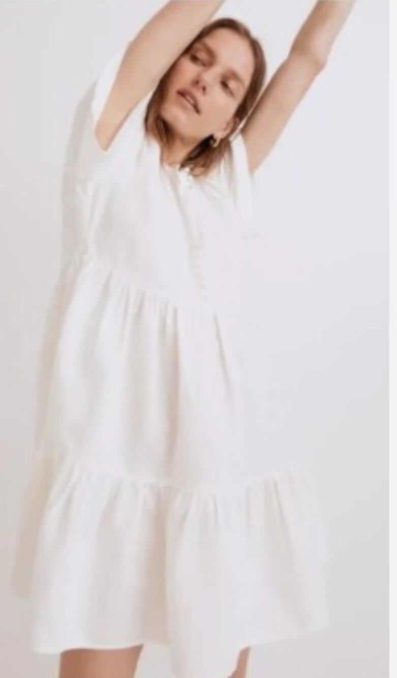 Madewell Women's Medium White Linen Blend Mini Dress Flutter Sleeve Tiered